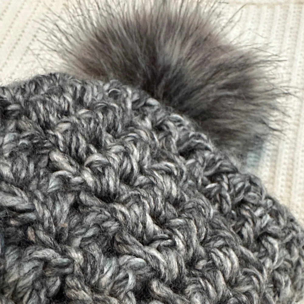 Super Warm Chunky Crochet Knit Gray Beanie Hat with Oversized Faux Fur Pom, OS